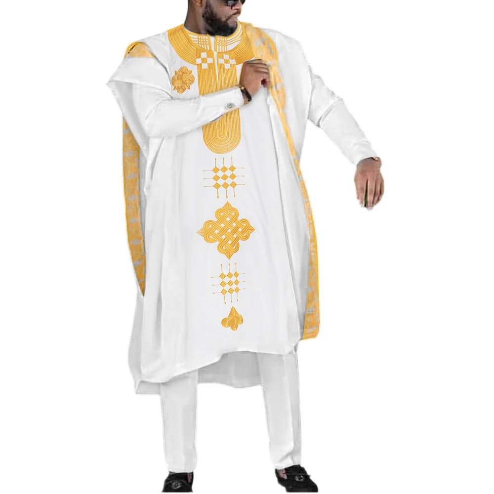 

Мужская африканская традиционная одежда H & D с золотой вышивкой, белая, Agbada, Нигерия, наряд, рубашка, брюки, костюм из 3 предметов, модель PH9088