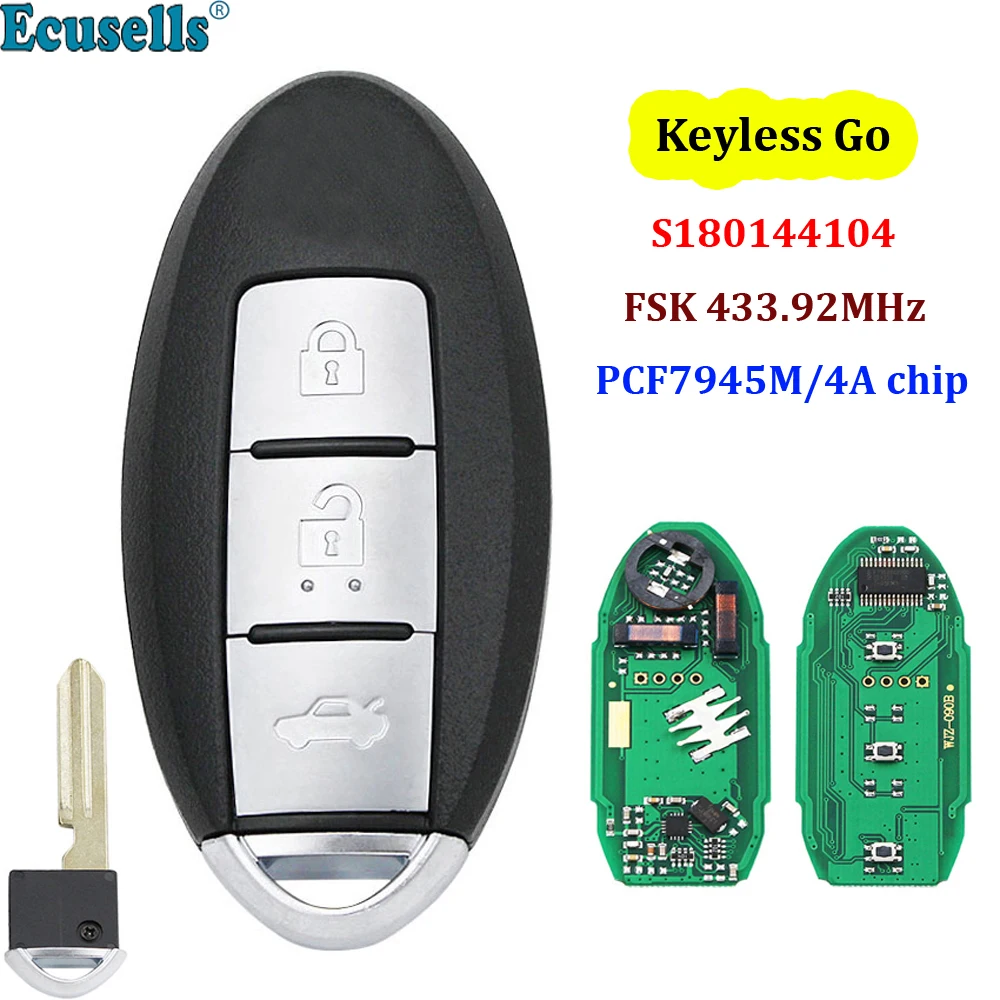3 Button Keyless-go Remote Key FSK 433.92MHz PCF7945M / HITAG AES / 4A CHIP for Nissan Pulsar Qashqai X-trail S180144104
3 Button Keyless-go Remote Key FSK 433.92MHz PCF7945M / HITAG AES / 4A CHIP for Nissan Pulsar Qashqai X-trail S180144104