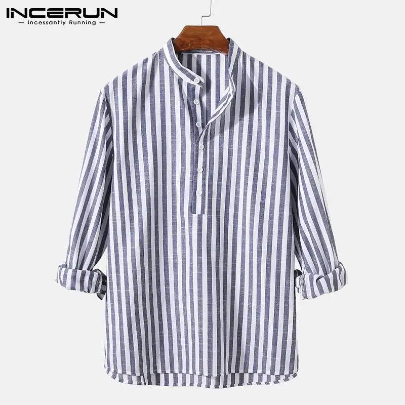 Мужская полосатая рубашка с воротником-стойкой и длинными рукавами
Мужская полосатая рубашка с воротником-стойкой и длинными рукавами