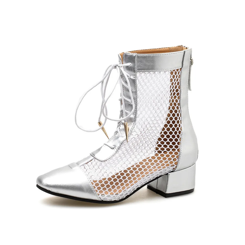 Summer fashion new square knitted back zipper thick heel bandage net boots 
Summer fashion new square knitted back zipper thick heel bandage net boots
