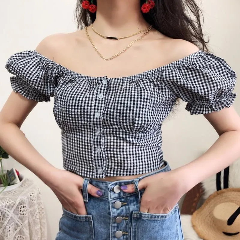 Women Blouse Square Collar Puff Sleeve Short Plaid Print Buttons Blouse Slim Blouses Tops Bottoming Shirts S1
Women Blouse Square Collar Puff Sleeve Short Plaid Print Buttons Blouse Slim Blouses Tops Bottoming Shirts S1