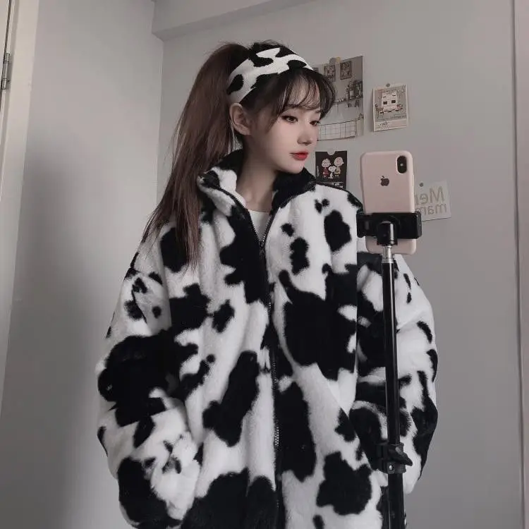 Зимнее Новое Модное Пальто Harajuku с принтом коров свободная кожаная куртка длинным