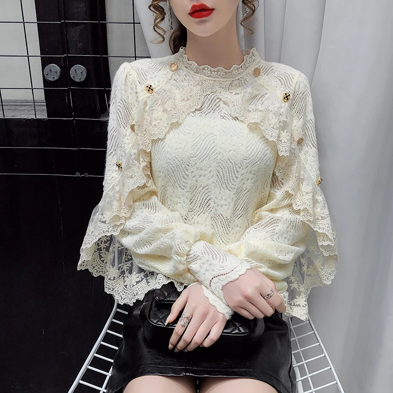 Lace bottoms women autumn/winter 2021 new small shirts in the air with lotus leaf edge long-sleeved mesh top tide
Lace bottoms women autumn/winter 2021 new small shirts in the air with lotus leaf edge long-sleeved mesh top tide
