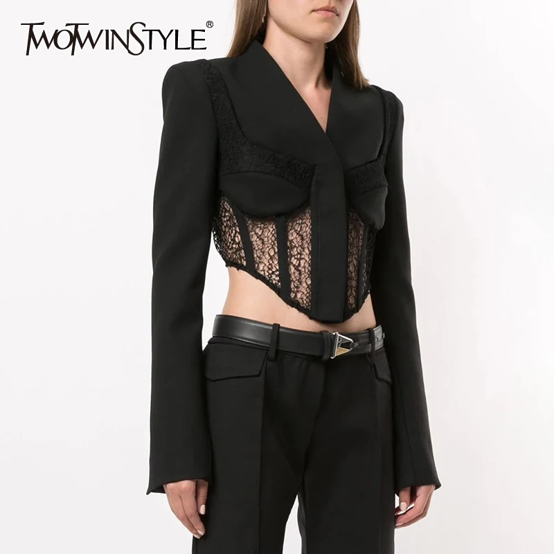 TWOTWINSTYLE Patchwork Hollow Out Black Blazer For Women V Neck Long Sleeve Lace Blazers Female 2020 Summer Fashion New Clothing
TWOTWINSTYLE Patchwork Hollow Out Black Blazer For Women V Neck Long Sleeve Lace Blazers Female 2020 Summer Fashion New Clothing