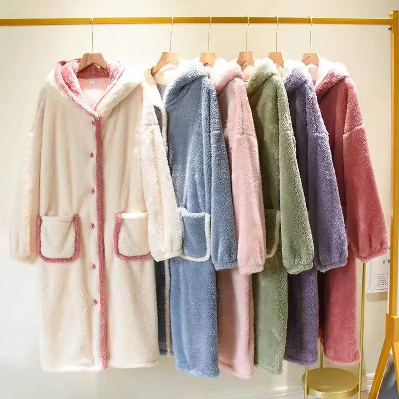 Women Hooded Winter Flannel Nightgowns Coral Fleece Home Clothing Warm Thick Sleepwear Female Simple Sweet Cute Homewear 
Women Hooded Winter Flannel Nightgowns Coral Fleece Home Clothing Warm Thick Sleepwear Female Simple Sweet Cute Homewear