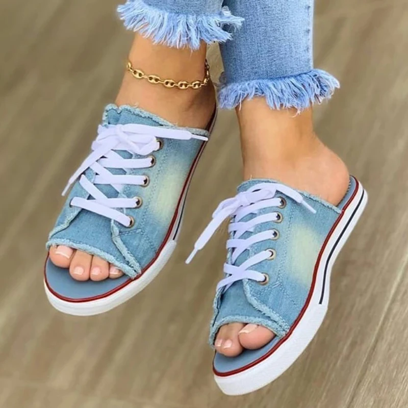 Women's Casual Female Fashion Denim Beach Shoes Plus Size Women Canvas Slipper Woman Lace Up Ladies Peep Toe New Flat2021 
Women's Casual Female Fashion Denim Beach Shoes Plus Size Women Canvas Slipper Woman Lace Up Ladies Peep Toe New Flat2021