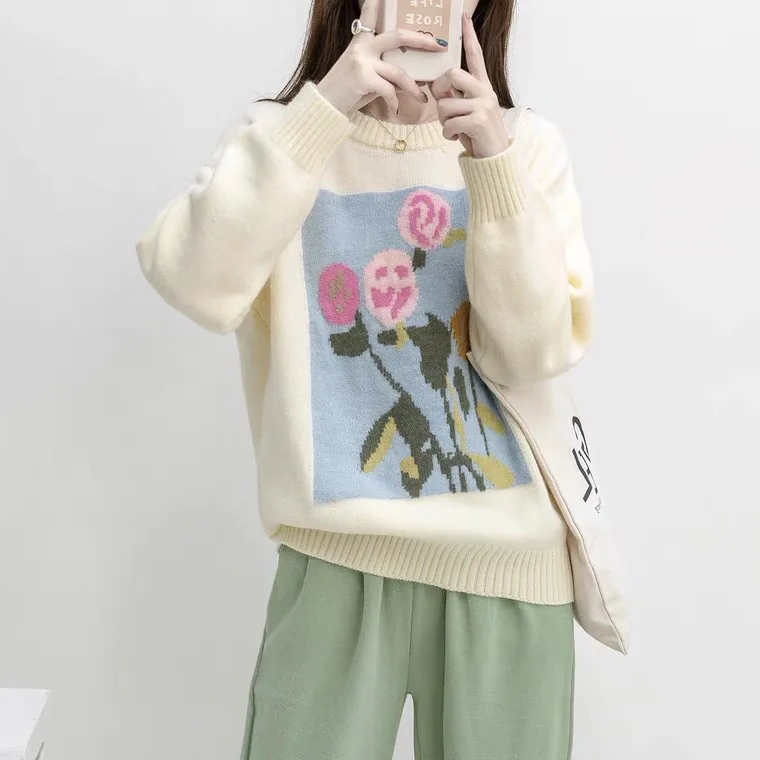 Retro lazy long sleeve printed sweater women's 2021 autumn new loose outer wearing soft and sweet top sweater
Retro lazy long sleeve printed sweater women's 2021 autumn new loose outer wearing soft and sweet top sweater