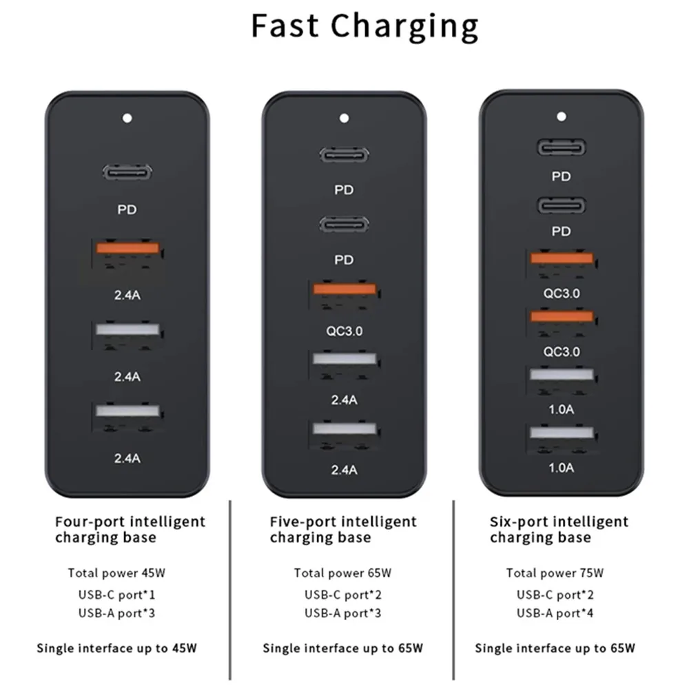 4/6 Port PD QC3.0 Dual Protocol Fast Charge 48/75W Multi-Function USB Fast Charger Multi-Function Smart Adapter Charger
4/6 Port PD QC3.0 Dual Protocol Fast Charge 48/75W Multi-Function USB Fast Charger Multi-Function Smart Adapter Charger