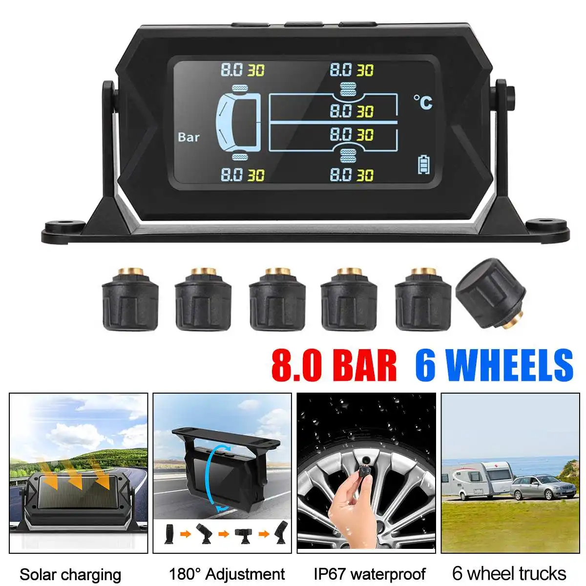 LCD Display+ 6 External Sensors Parts Car TPMS Tyre Pressure System Solar Power Car Tire Pressure Alarm Adjustable For Truck Car
LCD Display+ 6 External Sensors Parts Car TPMS Tyre Pressure System Solar Power Car Tire Pressure Alarm Adjustable For Truck Car