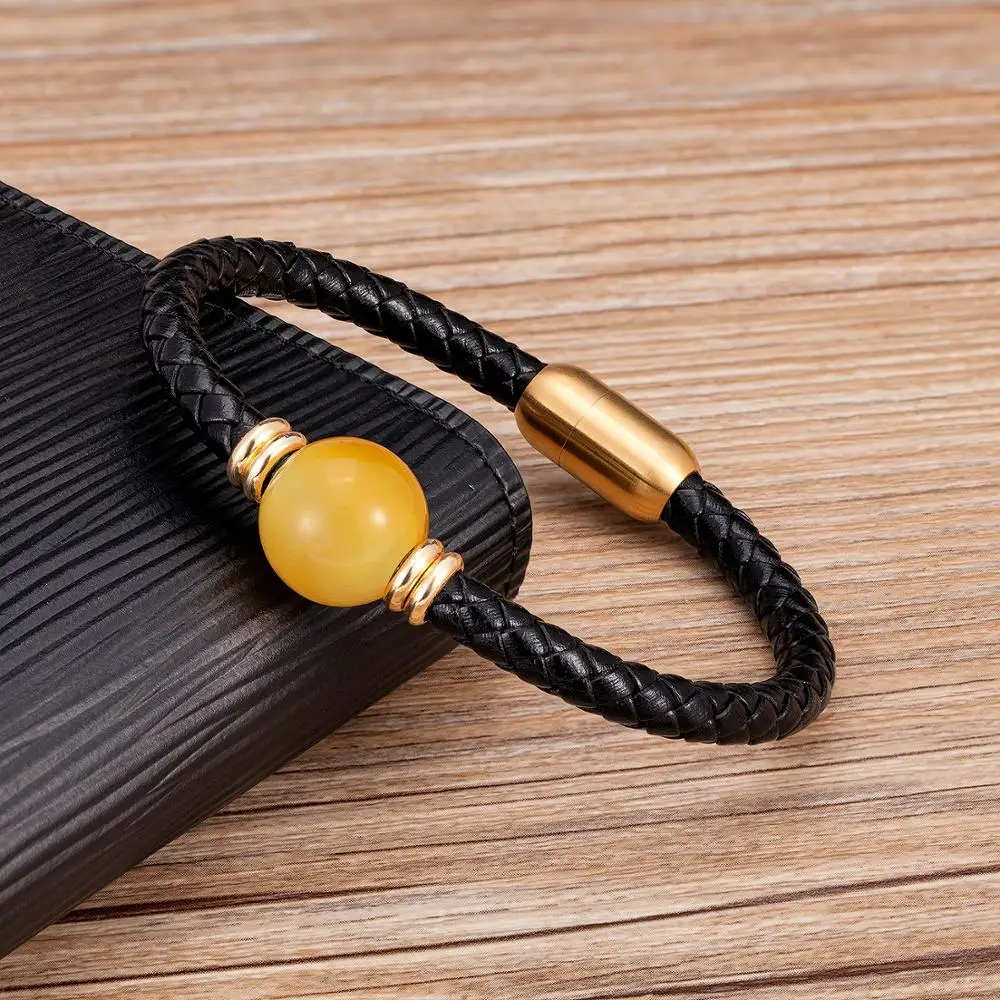 Fashion Natural Round Beaded Bracelet Men Punk Style Genuine Leather Bracelets Stainless Steel Magnet Mens Jewelry Friends Gift
Fashion Natural Round Beaded Bracelet Men Punk Style Genuine Leather Bracelets Stainless Steel Magnet Mens Jewelry Friends Gift