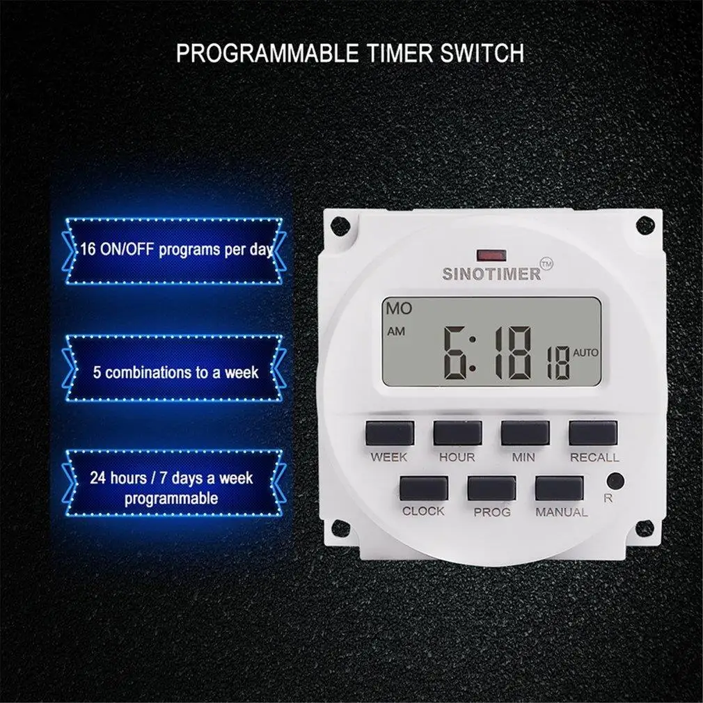 SINOTIMER TM618N-2 220V LCD Digital AC Programmable Timer Switch With UL Listed Relay Inside with Countdown Time Function
SINOTIMER TM618N-2 220V LCD Digital AC Programmable Timer Switch With UL Listed Relay Inside with Countdown Time Function