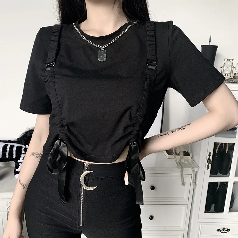 Street style super cool short sexy exposed navel fold drawstring strap T-shirt female tide
Street style super cool short sexy exposed navel fold drawstring strap T-shirt female tide