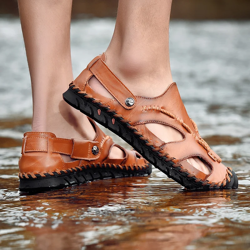 UEXIA Fashion Outdoor Men Summer Rome Sandals Leather Casual Shoes Man Slip On Breathable Slippers Beach Sandalias Soft Size 48 | Обувь