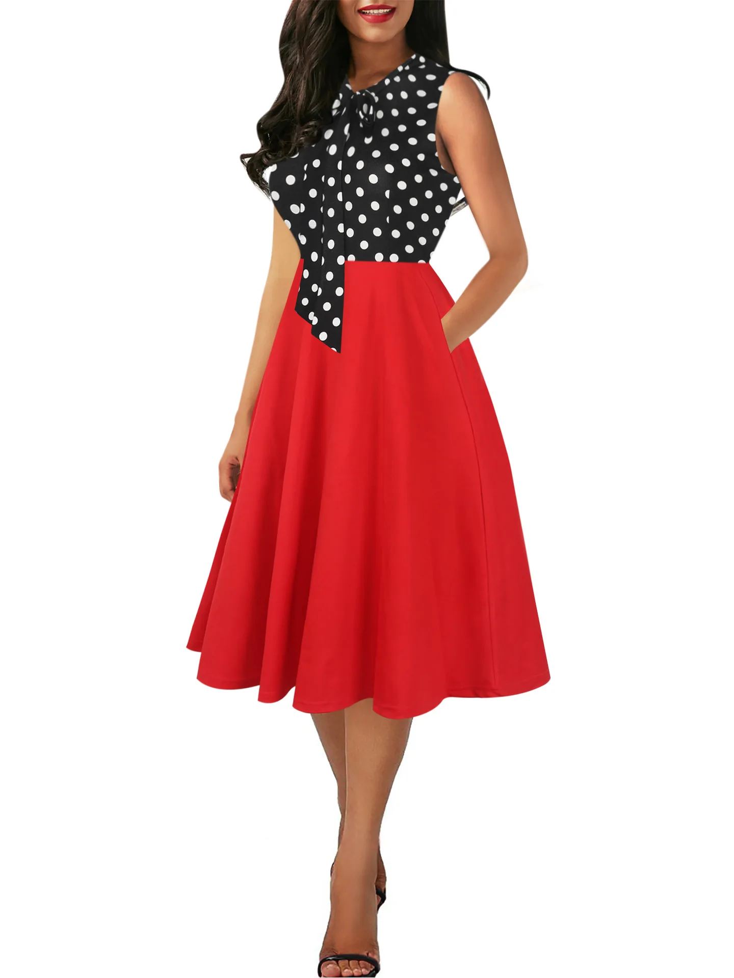 European Style Fashion Elegant High Waist Patchwork Bow A-line Dress Vintage Office Lady O-neck Women Sexy Sleeveless Dress
European Style Fashion Elegant High Waist Patchwork Bow A-line Dress Vintage Office Lady O-neck Women Sexy Sleeveless Dress
