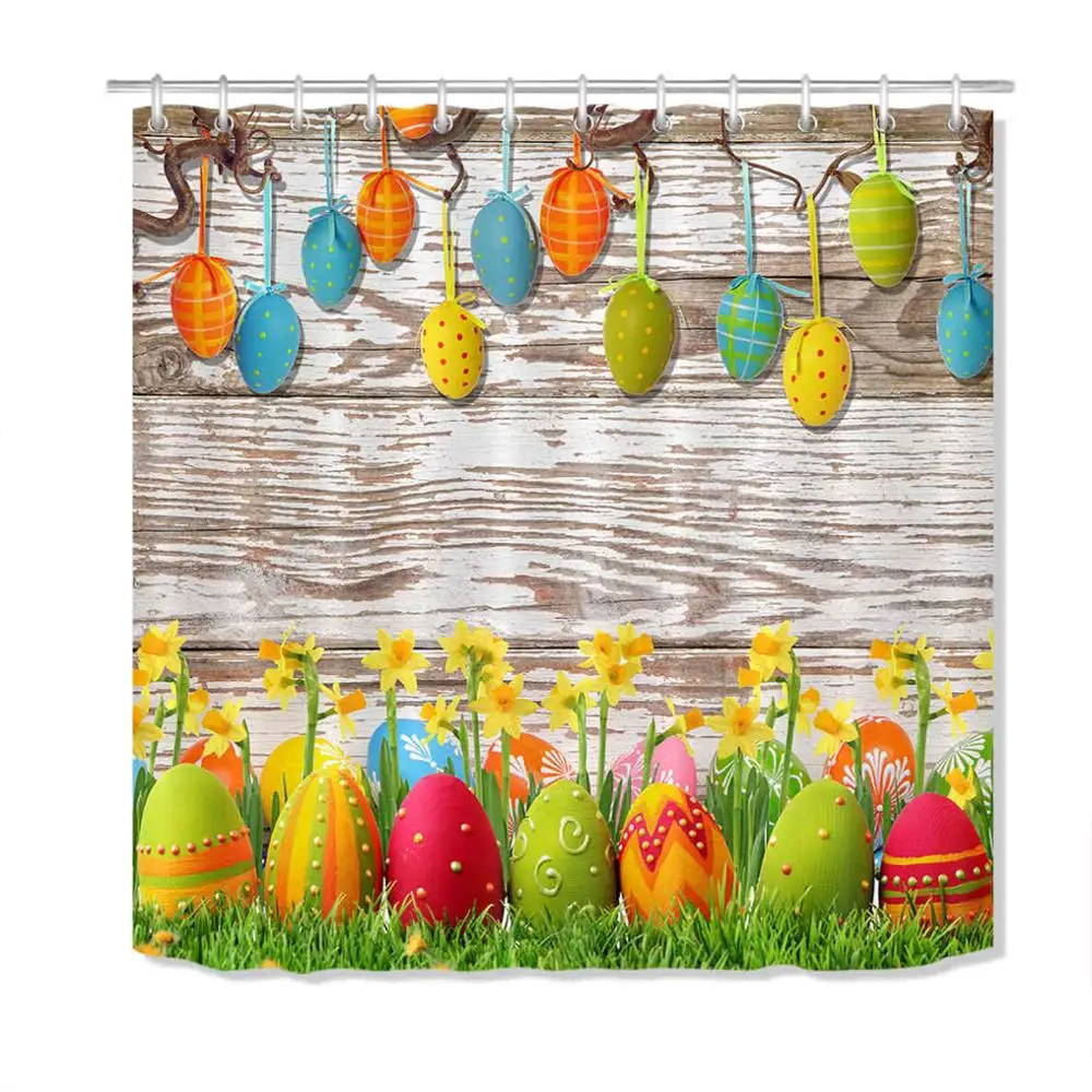 

Easter Bunny Color Eggs Polyester Shower Curtain Fabric Waterproof Bathroom Curtains Bathtub Accessories Decor Hanging Cloth