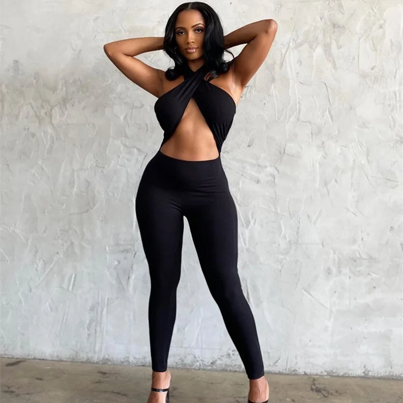 European and American women's spring new solid color open back leaking umbilical cross-fitting tight-fitting trousers jumpsuit
European and American women's spring new solid color open back leaking umbilical cross-fitting tight-fitting trousers jumpsuit