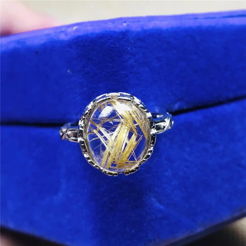 Adjustable Size Ring 12mm Natural Gold Rutilated Quartz For Woman Man 925 Silver Sterling Metal Crystal JewelryAAAAA | Украшения и