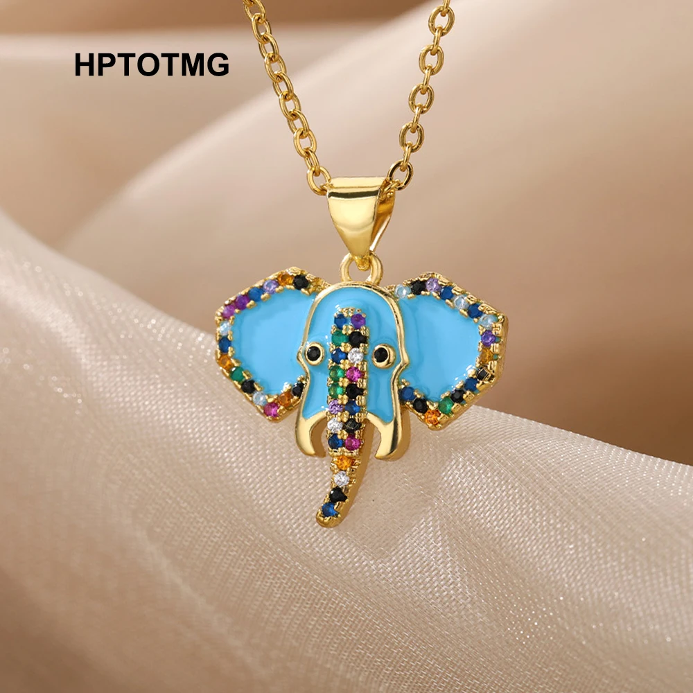 

Goth Cute Elephant Pendant Necklace for Women Vintage Blue Dripping Oil Charm Choker Chain Necklace Jewelry Christmas Gifts