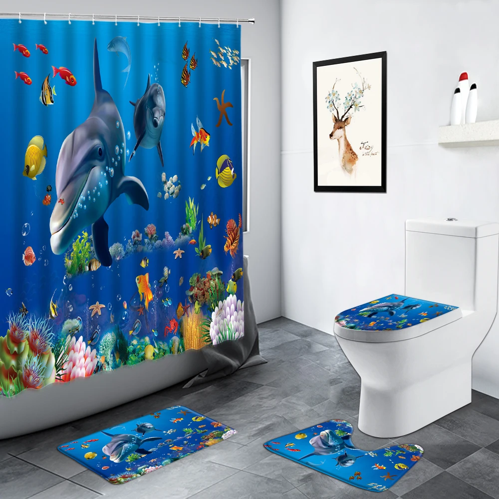 

Dolphin Underwater Landscape Shower Curtain Tropical Fish Coral Ocean Scenery Bathroom Carpet Non-slip Rug Toilet Bath Mats Set