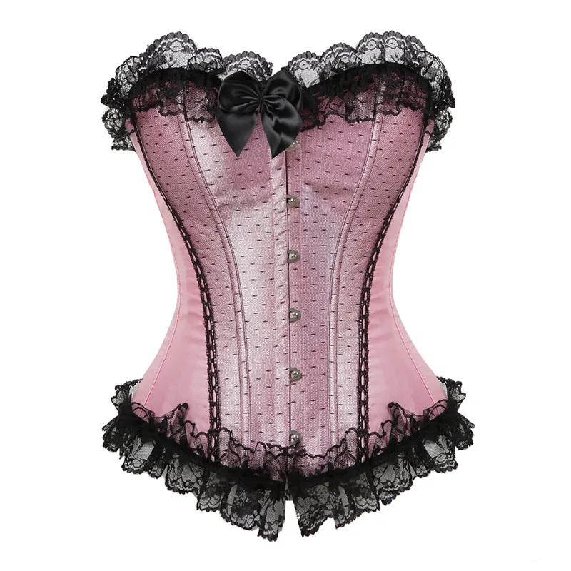 

Girl's Pink Satin Lace Trim Overbust Corset Dancer Showgirl Barlesque Corsets and Bustiers Lingerie Tops Waist Cincher Red