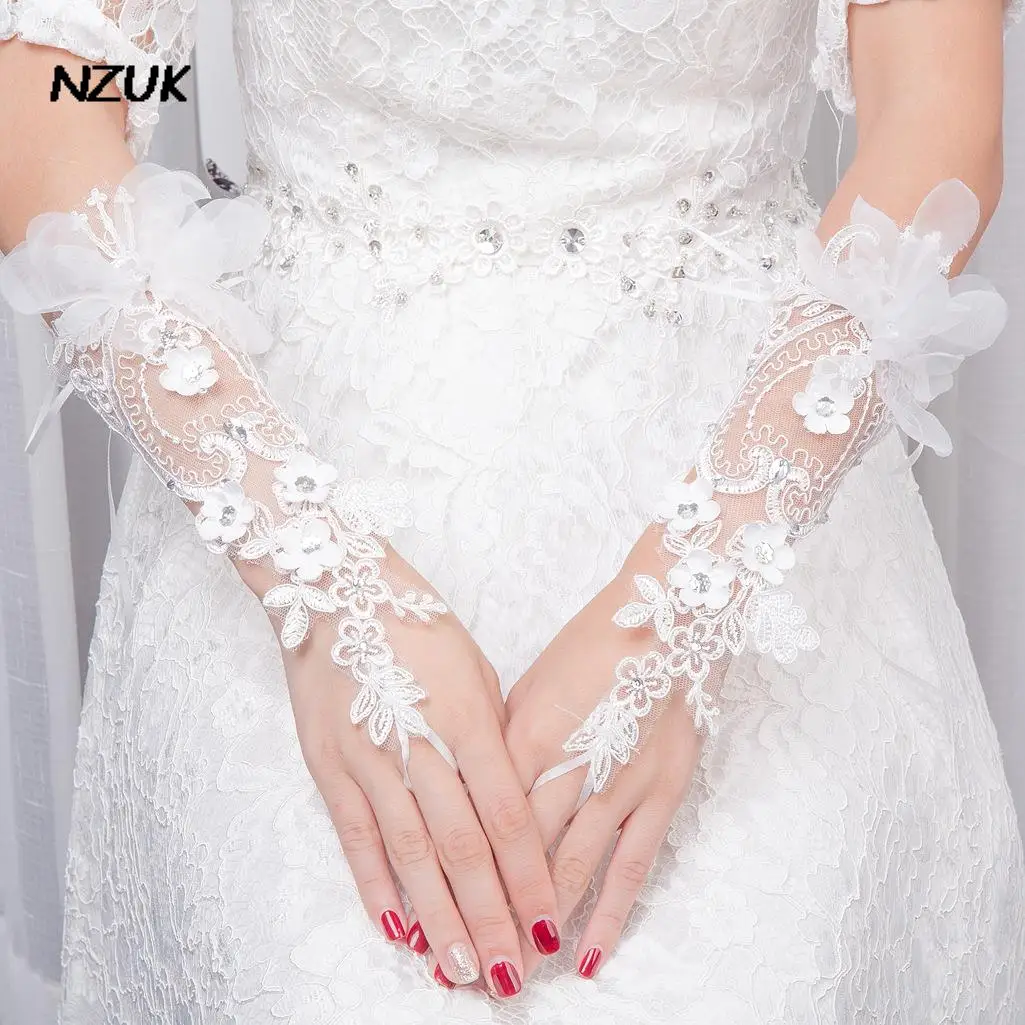 

NZUK Bridal Lace Floar Gloves Wedding Dress Accessories Simple Hook Finger Long Glove New Charming gloves for women