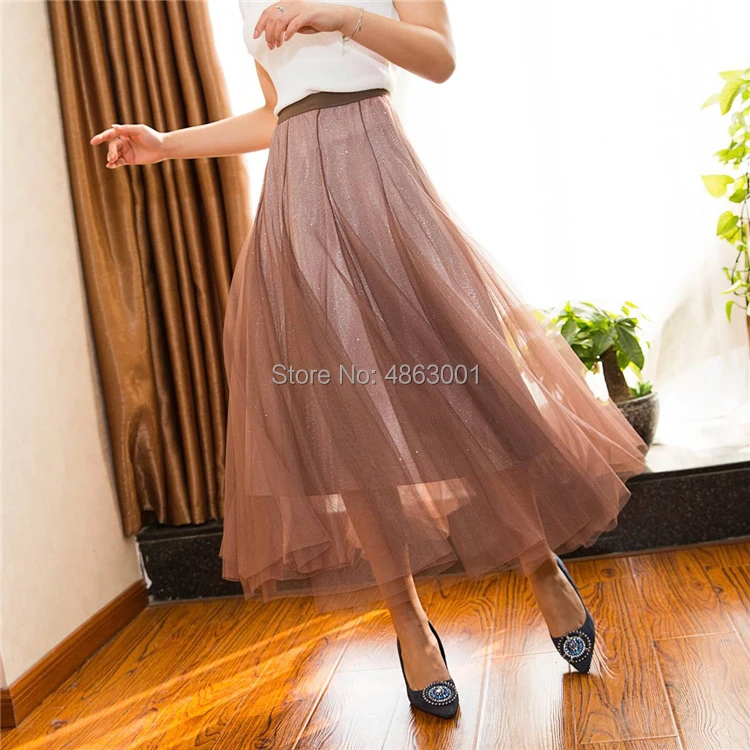 2019 New Korean Stars Sequined Puff Layered Tulle Tutu Long Skirts Mesh Starry Metallic Sweet Fairy Pleated Women | Женская одежда