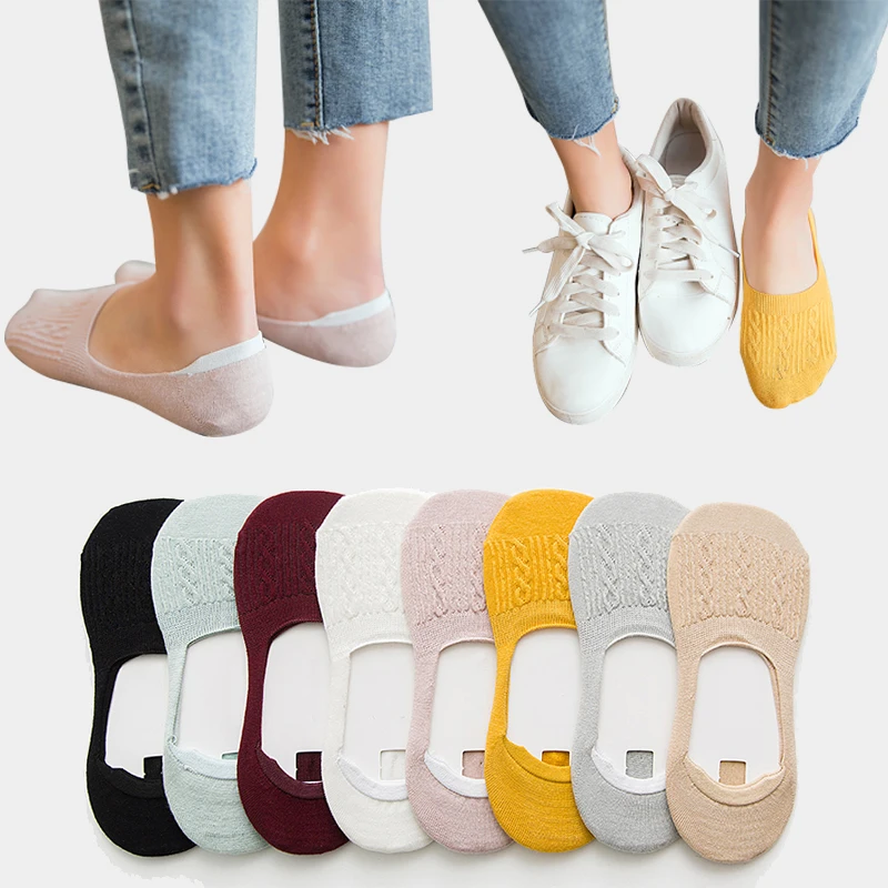 

5 Pairs Cotton Women Socks Solid Snowflake Softable Funny Summer Silicone Non-slip Deep Mouth Prevent Heel Loss Slipper Socks
