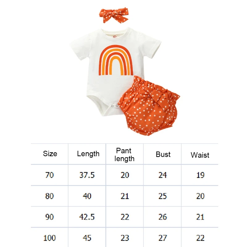 New Bodysuits Short Sleeve Cute Rainbow Jumpsuit+Dot Bow Shorts+Headband Summer Clothing 3pcs Newborn Baby Girls Sets
New Bodysuits Short Sleeve Cute Rainbow Jumpsuit+Dot Bow Shorts+Headband Summer Clothing 3pcs Newborn Baby Girls Sets