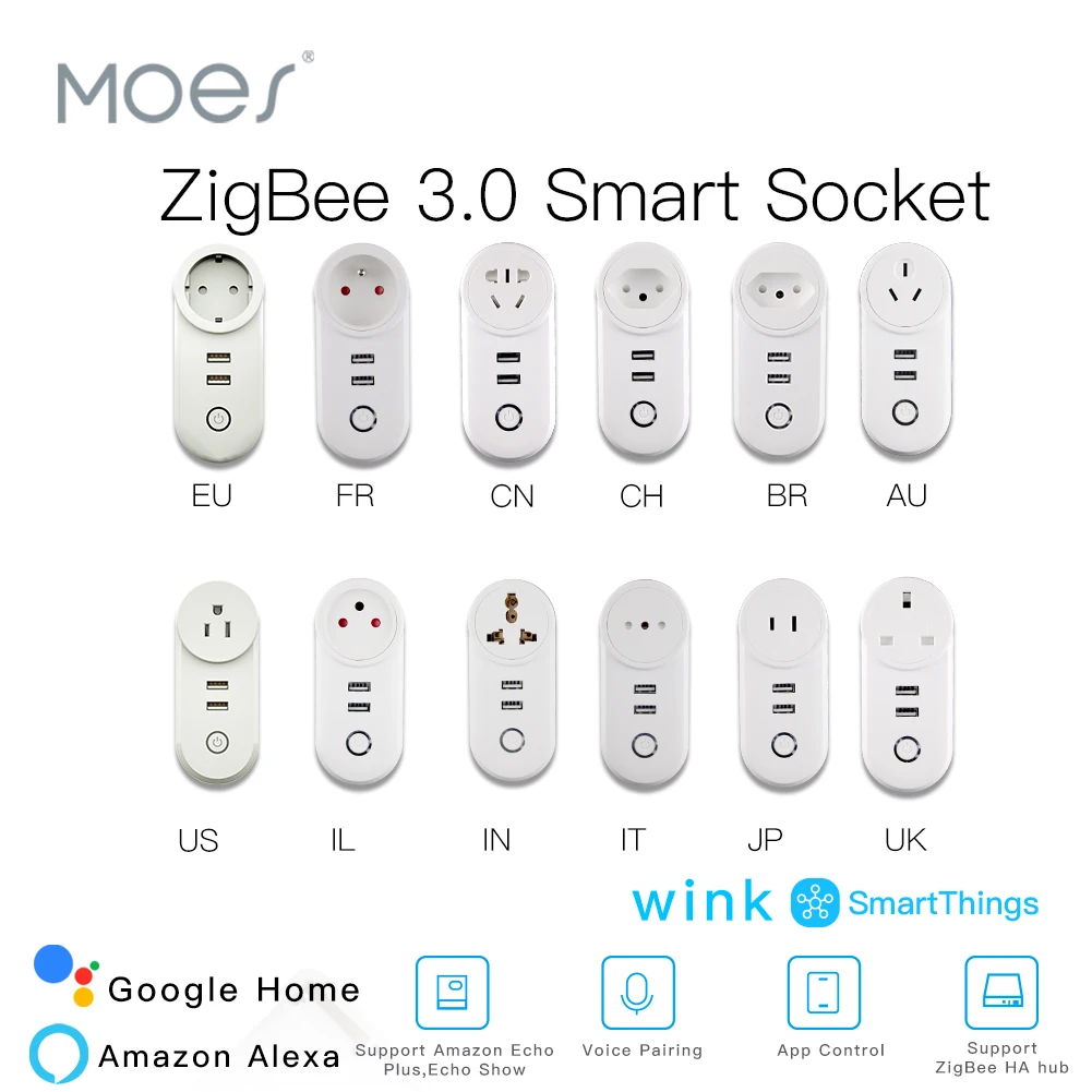 

ZigBee 3.0 Smart Socket Plug with 2 USB Interface Remote Voice Control Work with SmartThings Wink Echo Plus and Most Zigbee Hub