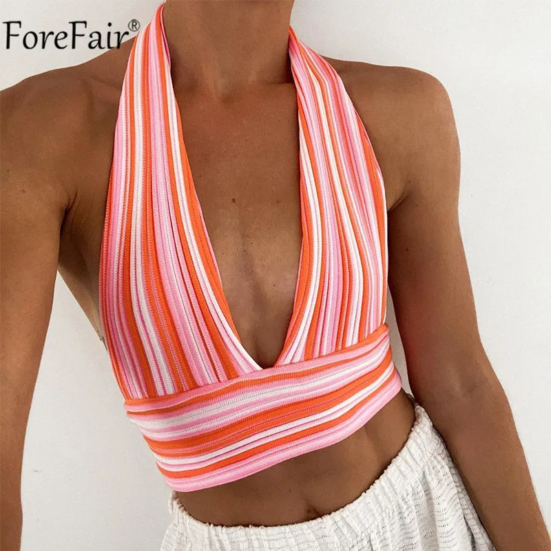 

Forefair Deep V Neck Knit Crop Top Women Blue Backless Off Shoulder Summer Beach Halter Neck Bandage Y2K Sexy Top Tanks