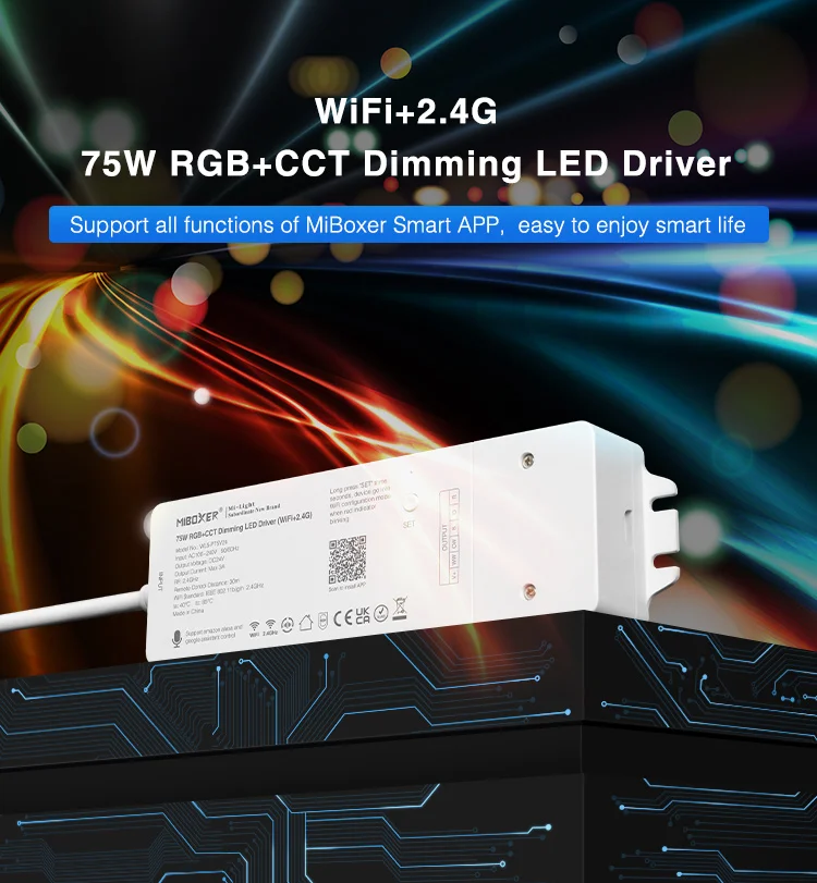 Miboxer 75W RGB+CCT Dimming LED Driver WL5-P75V24 AC100V~240V 50/60Hz 2.4G Milight Remote Control 30m rgb led wifi controller
Miboxer 75W RGB+CCT Dimming LED Driver WL5-P75V24 AC100V~240V 50/60Hz 2.4G Milight Remote Control 30m rgb led wifi controller