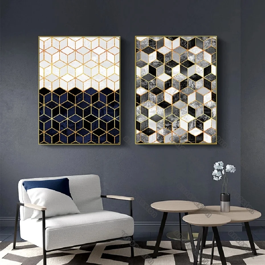 Modern Style Canvas Painting Posters Abstract Geometric Black and White Cubes with Golden Lines for Home Rooms Wall Decoration
Modern Style Canvas Painting Posters Abstract Geometric Black and White Cubes with Golden Lines for Home Rooms Wall Decoration