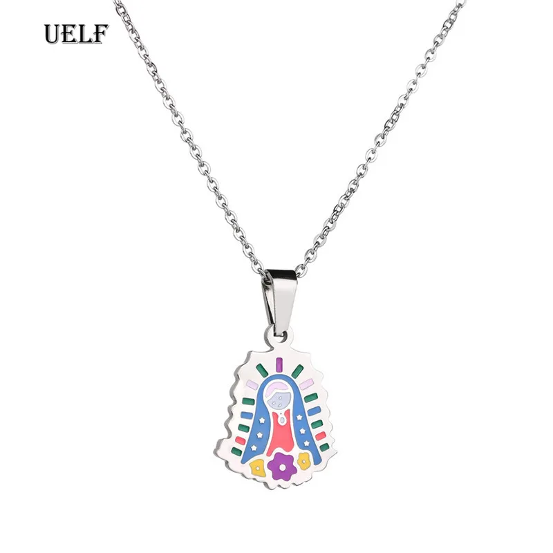 UELF Cute Enamel Maria Pendant Necklace Cartoon Style Catholic Religious Christian Colorful Jewelry For Women Gift | Украшения и