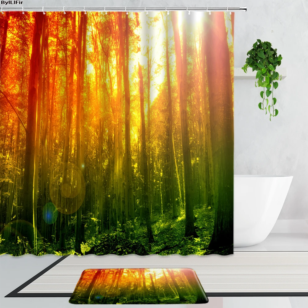 

Sunshine Forest Scenery Shower Curtains Summer Green Jungle Tree Vines Natural Landscape Bathroom Curtain Non-Slip Bath Mats Rug