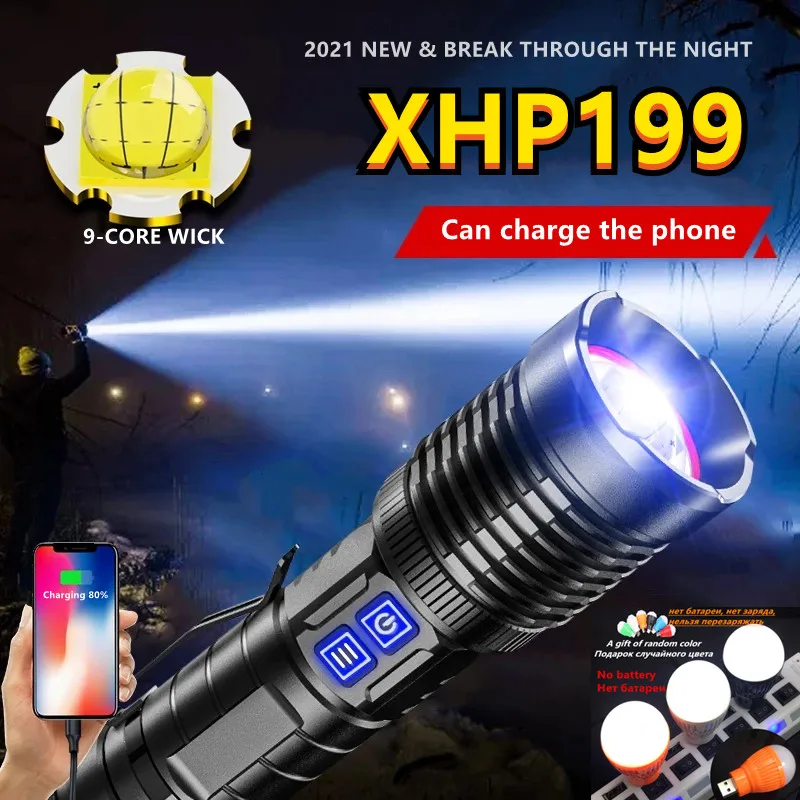 

Новинка 26650 лм самый мощный яркий светодиодный фонарик 18650 XHP199 высокомощный фонарик XHP50 перезаряжаемый Тактический Usb фонарь для кемпинга