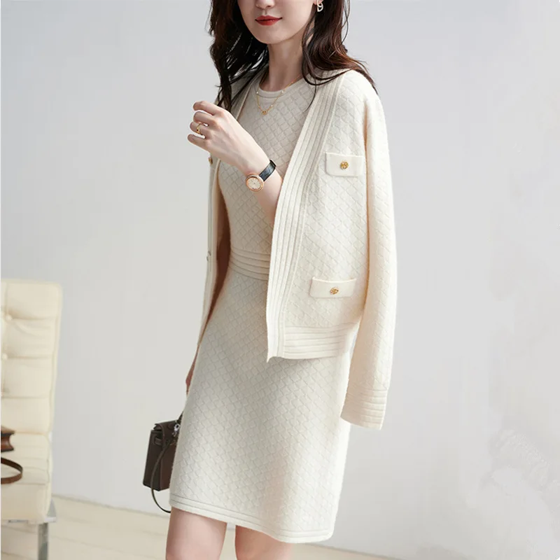 Elegant Matching Sets for Women Solid Diamond Pattern Open Stitch Knitted Cardigans O-Neck Knee-Length Dress Autumn Winter 2020
Elegant Matching Sets for Women Solid Diamond Pattern Open Stitch Knitted Cardigans O-Neck Knee-Length Dress Autumn Winter 2020