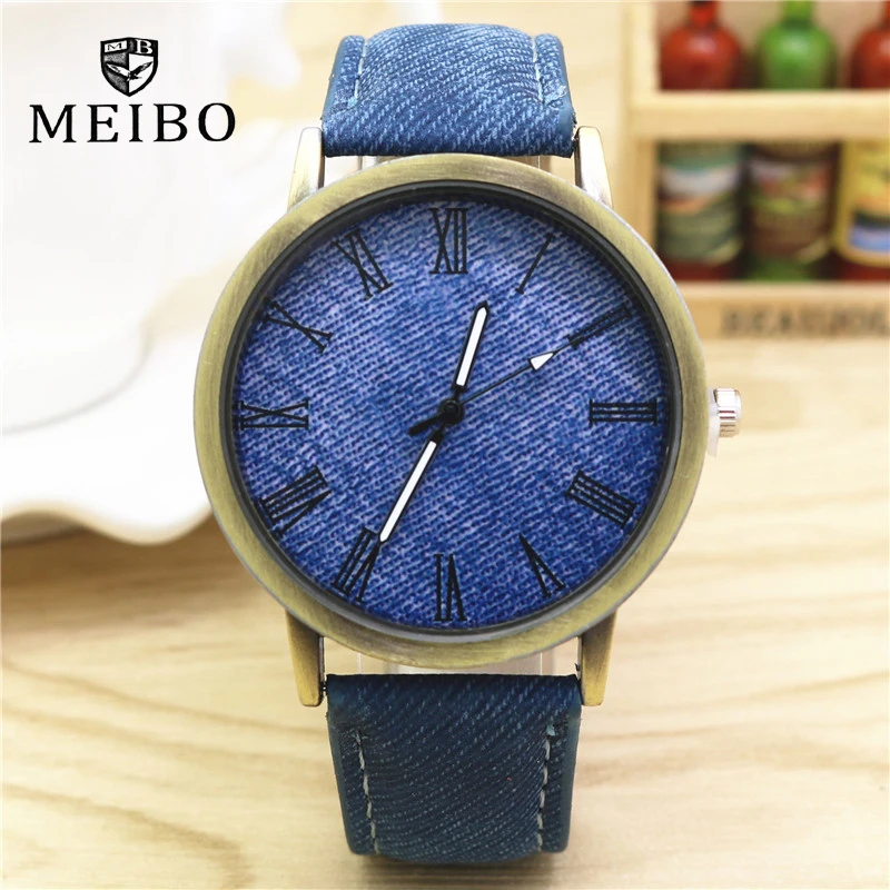 2017 Горячая Распродажа одноцветные мужские часы модные джинсы кожа MEIBO кварцевые