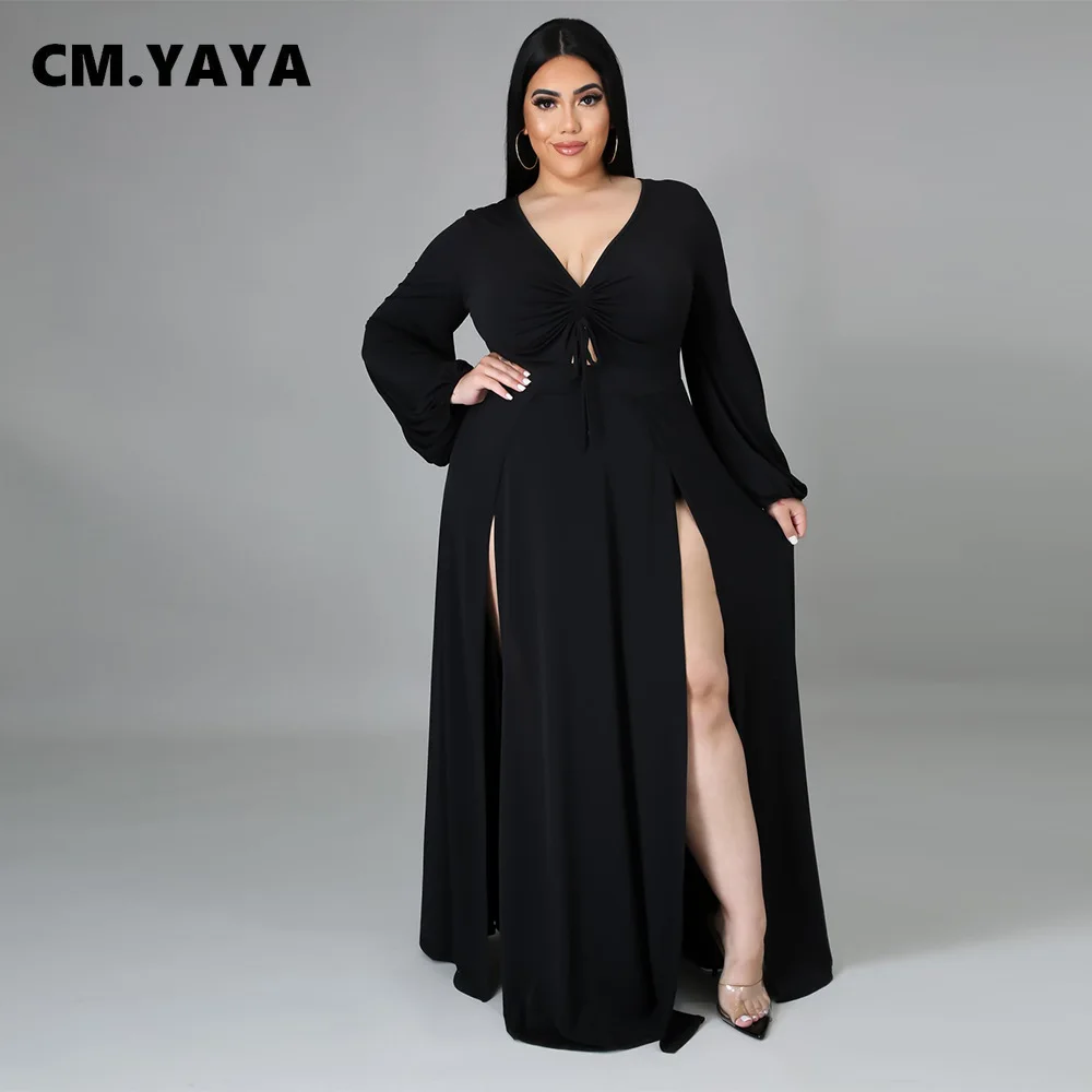 CM.YAYA Women Plus Size Dress Solid Full Lantern Sleeve V-neck Loose Split Maxi Long Dresses Sexy Fashion Party Vestidos Summer
CM.YAYA Women Plus Size Dress Solid Full Lantern Sleeve V-neck Loose Split Maxi Long Dresses Sexy Fashion Party Vestidos Summer