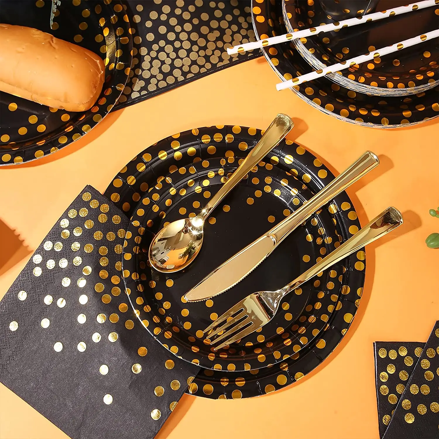 Black Gold Party Supplies Golden Dot Disposable Party Dinnerware Black Paper Plates for Graduation Birthday Thanksgiving Wedding
Black Gold Party Supplies Golden Dot Disposable Party Dinnerware Black Paper Plates for Graduation Birthday Thanksgiving Wedding