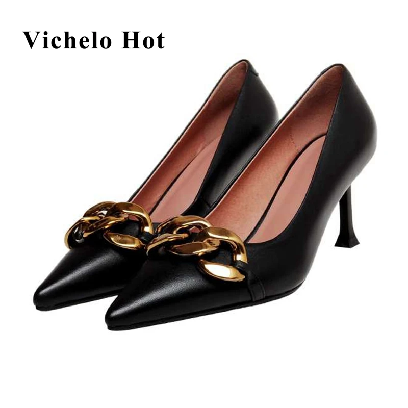 Vichelo Hot genuine leather pointed toe thin high heels metal decoration European style young lady high fashion women pumps L23
Vichelo Hot genuine leather pointed toe thin high heels metal decoration European style young lady high fashion women pumps L23