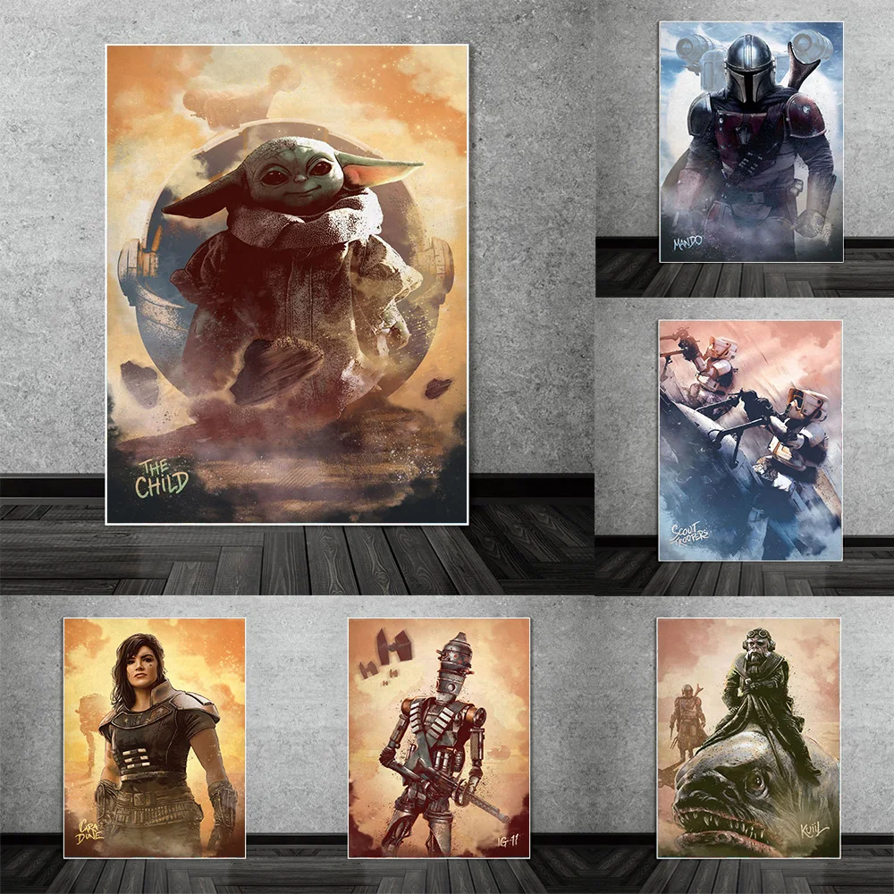 

Disney Star Wars Mandalorian Characters Posters and Prints Portrait of Mando Canvas Paintings on the Wall Art Yoda Pictures