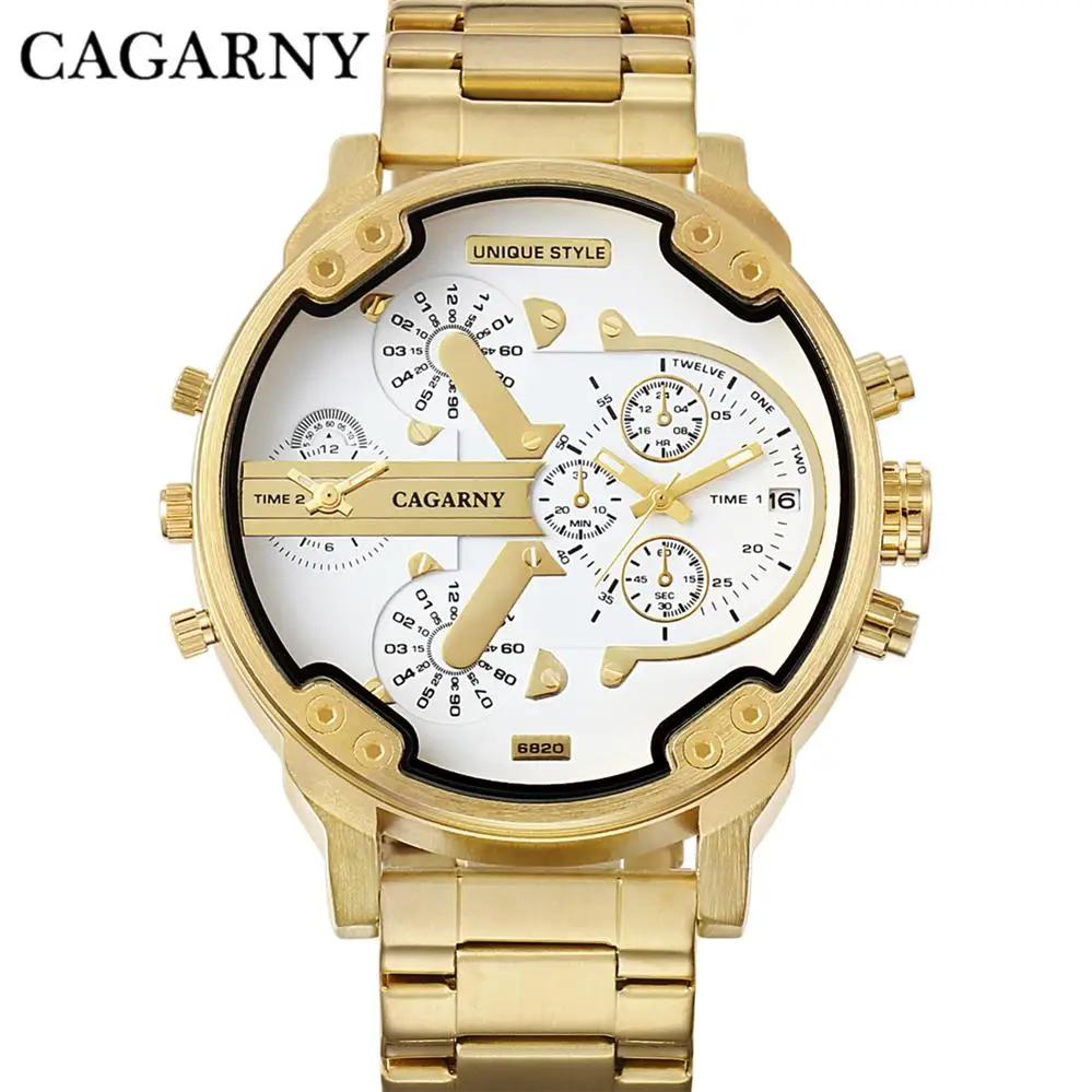 

CAGARNY Brand 6820 Cool Quality Sports Gold Stainless Steel Strap Men's Quartz Watch Waterproof Date Display WristWatch Relogio