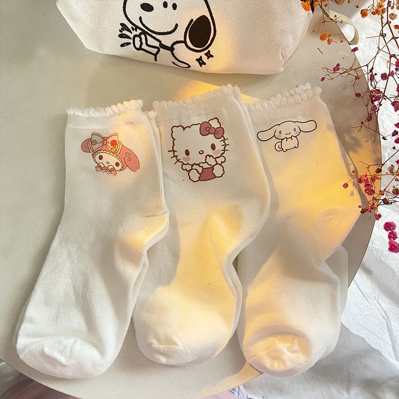 Мягкие милые носки Kitty Mymelody Cinnamorol с принтом кружевные Студенческая фотография