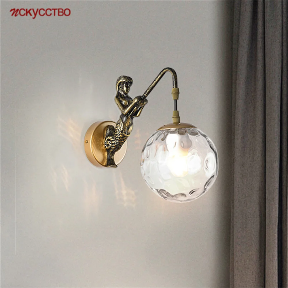 

American Cottagecore Retro Mermaid Glass Ball Led Wall Lamp For Dining Room Cafe Bar Corridor Vintage Loft Decor Sconce Lights