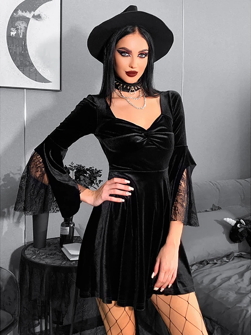 NANXI Black Women Velvet Vintage Dresses Lace Flare Sleeve Patchwork Retro A-Line Mini Dress Punk Dark Academia Gothic Clothes
NANXI Black Women Velvet Vintage Dresses Lace Flare Sleeve Patchwork Retro A-Line Mini Dress Punk Dark Academia Gothic Clothes