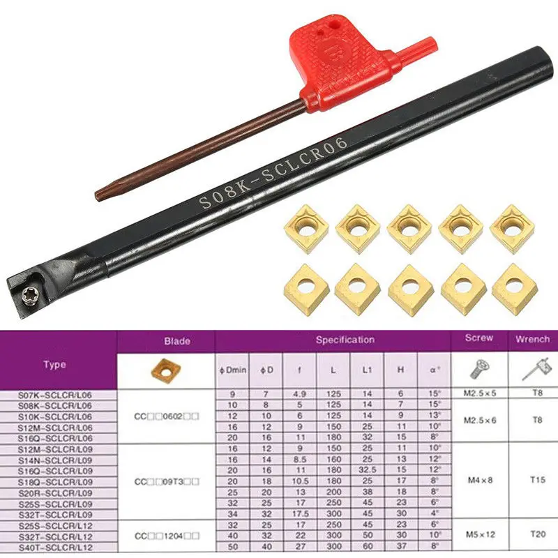 8mm S08K-SCLCR06 Turning Tools &10pcs CCMT060204-HM Inserts & 1Pcs T8 Wrench Set
