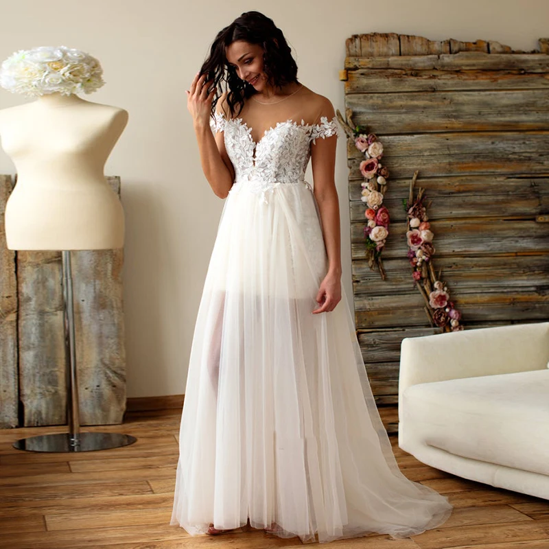 Eightale Beach Wedding Dress O-Neck Appliques Lace Boho Wedding Gown A-Line Cap Sleeves White Chiffon Bridal Dress suknia slubna
Eightale Beach Wedding Dress O-Neck Appliques Lace Boho Wedding Gown A-Line Cap Sleeves White Chiffon Bridal Dress suknia slubna