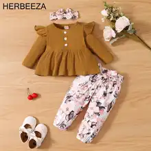 Весенняя одежда для маленьких девочек HERBEEZA коричневые брюки с длинными рукавами и галстуком в виде цветов костюм