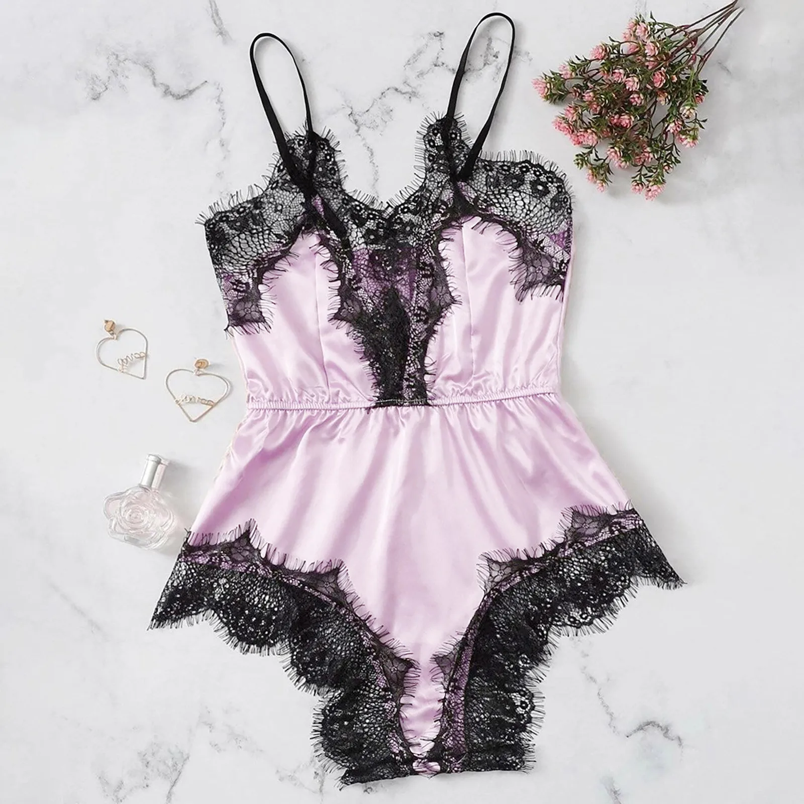 Satin Sexy Sling romper pajamas Silk Eyelash lace Stitching Sleepwear elegant bodysuits playsuit nightwear holiday Underwear A5
Satin Sexy Sling romper pajamas Silk Eyelash lace Stitching Sleepwear elegant bodysuits playsuit nightwear holiday Underwear A5