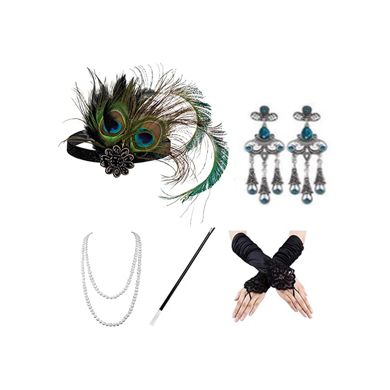 

1920s Women Cosplay Party Flapper Costume Props Great Gatsby Peacock Feather Headband Earrings Necklace Gloves Cigarette Holder